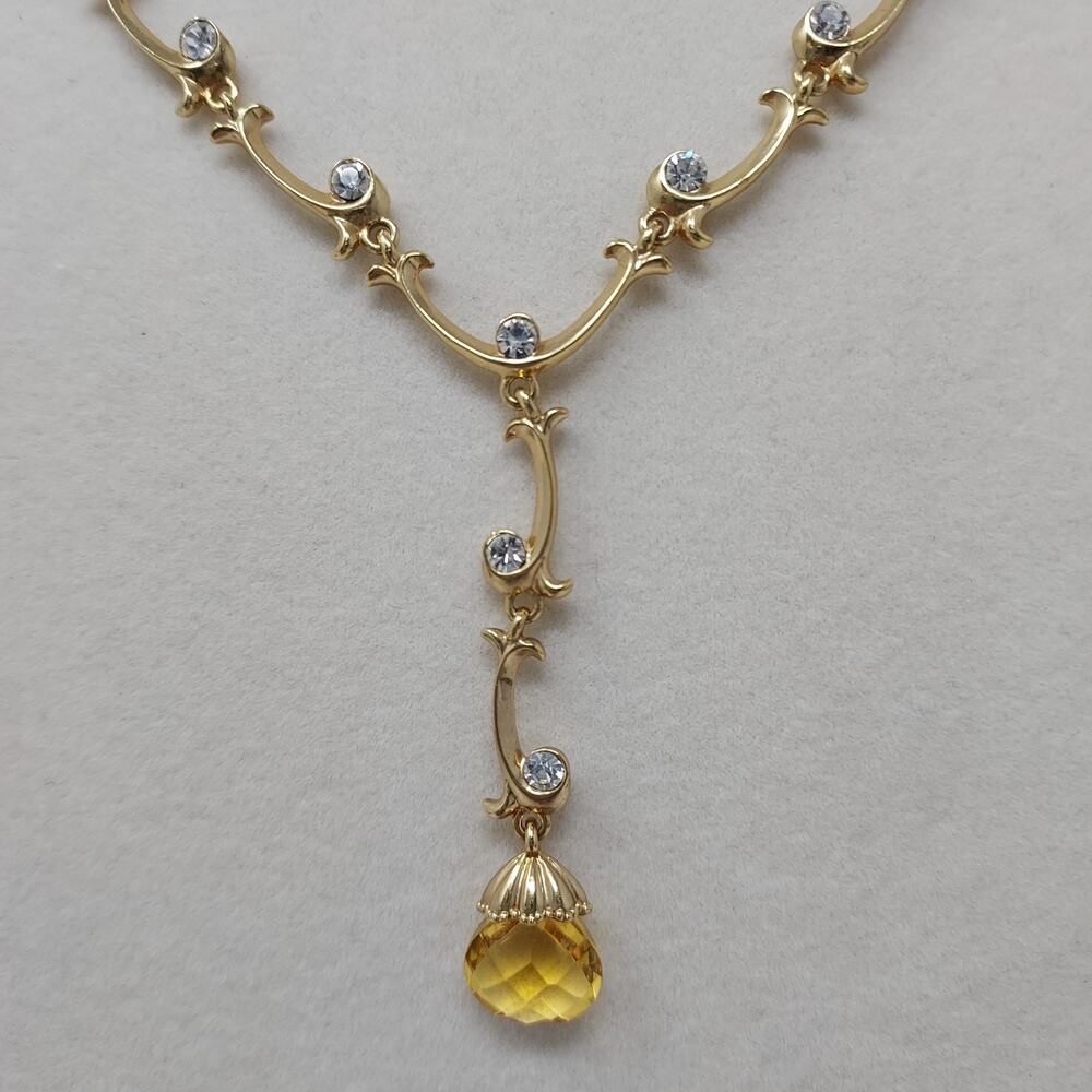 Vintage Avon Briolette Y Necklace Gold Tone Honey and Clear Rhinestones to 18"